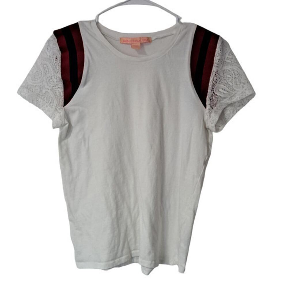 Rebellious One Women's Pullover Short Lace Sleeve Crew‎ neck Top White size M